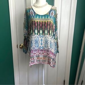 Johnny Was Green and Blue Patterned 3/4 Sleeve Silk Tunic Blouse XS
